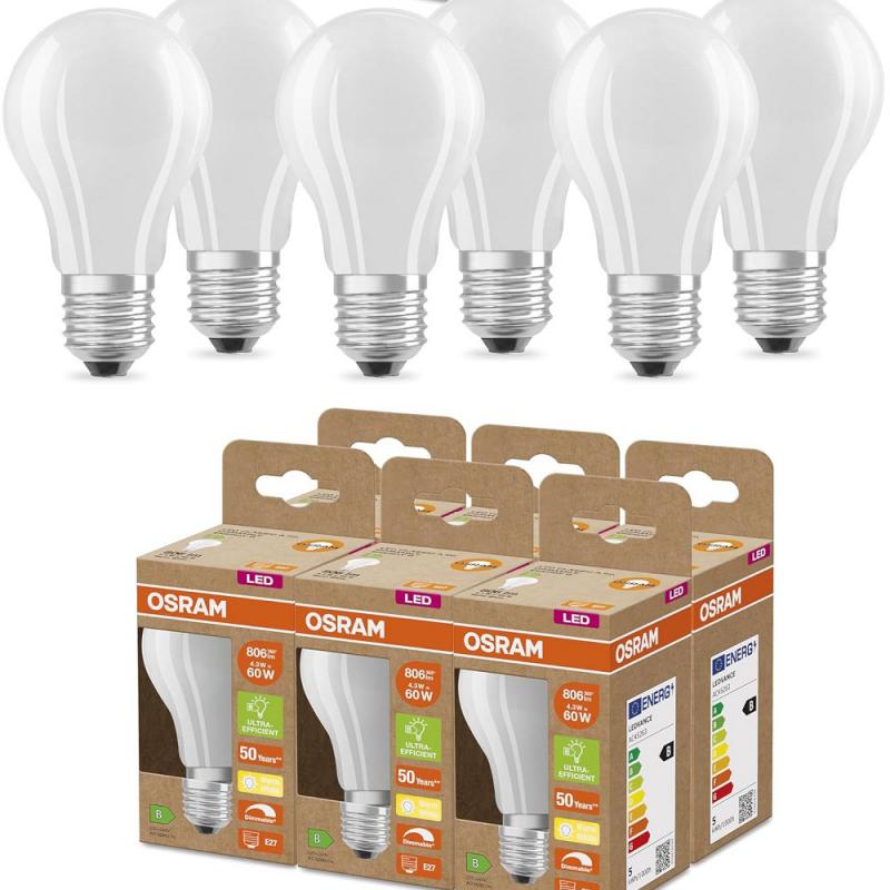 6er Set OSRAM E27 SUPERSTAR+ CLASSIC besonders effiziente LED Lampe dimmbar 4,3W wie 60W 2700K warmweißes Licht matt